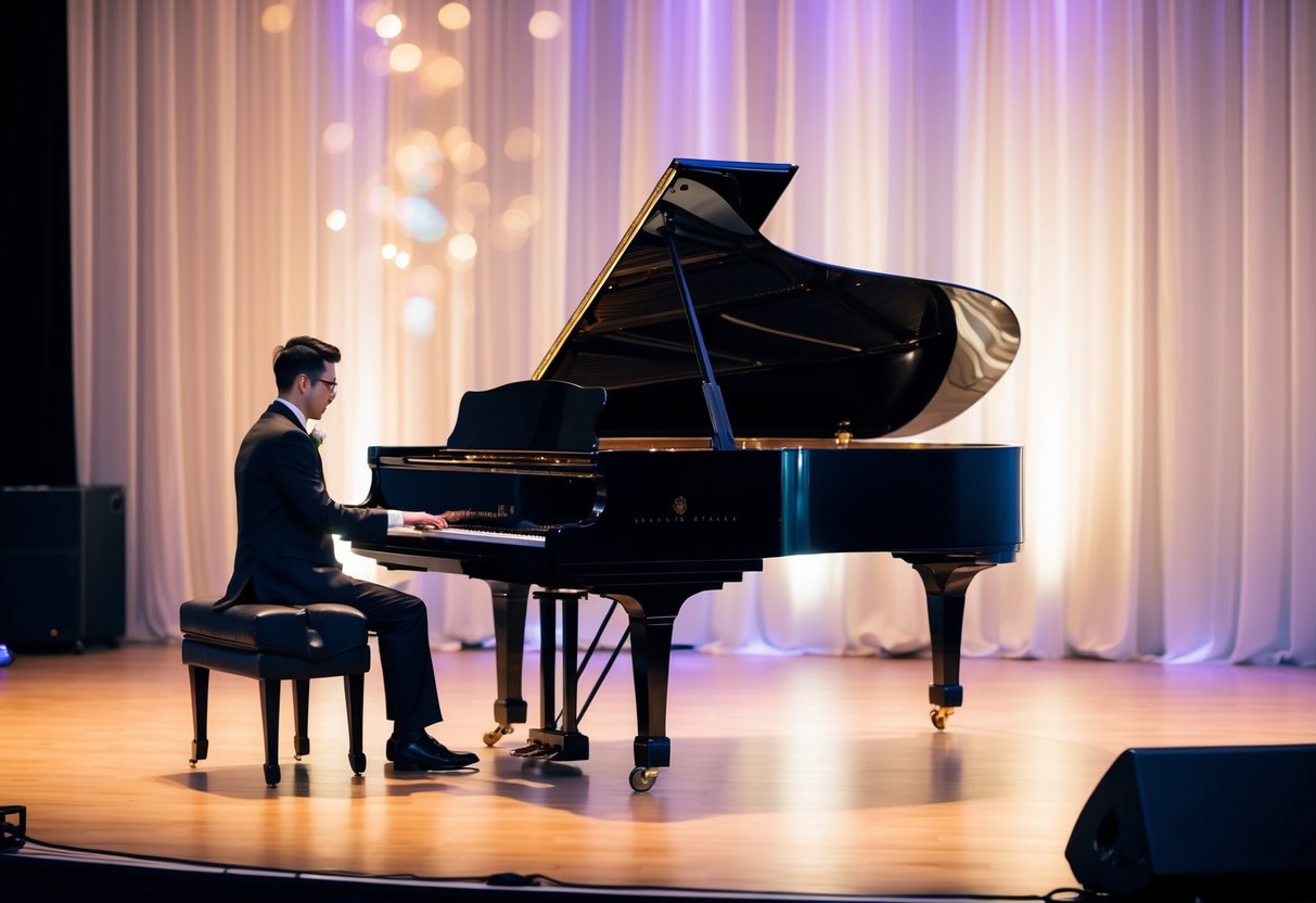 A grand piano sits center stage, bathed in soft light, as a musician's hands gracefully play the timeless wedding song
