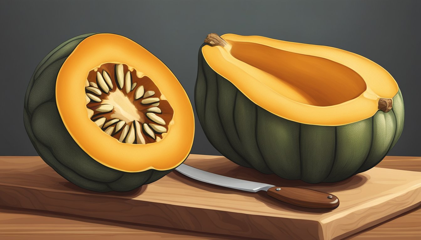 A whole acorn squash next to a sliced butternut squash on a cutting board