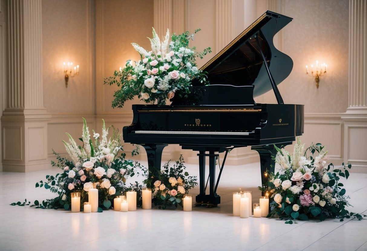 A grand piano surrounded by elegant floral arrangements and soft candlelight, set in a romantic ballroom