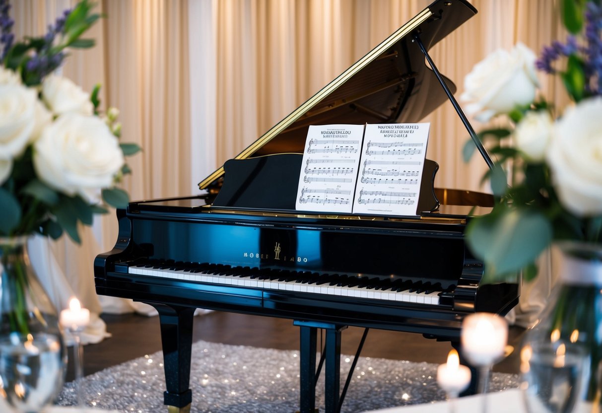 A grand piano surrounded by elegant wedding decor, with sheet music for "Modern Classics and Popular Hits" open on the stand