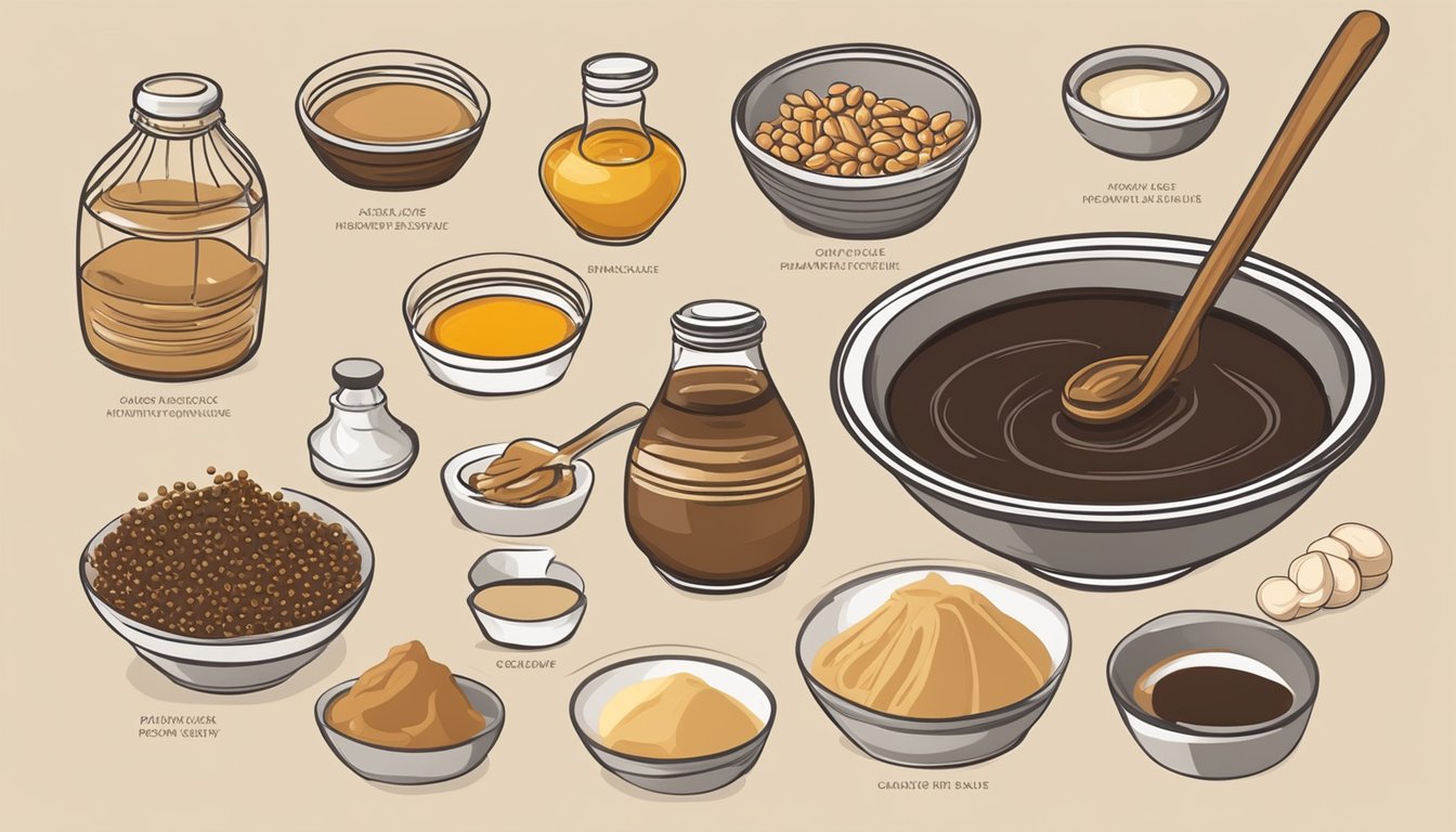 A variety of ingredients, including soy sauce, peanut butter, honey, and garlic, are being mixed together in a bowl to create a homemade hoisin sauce substitute