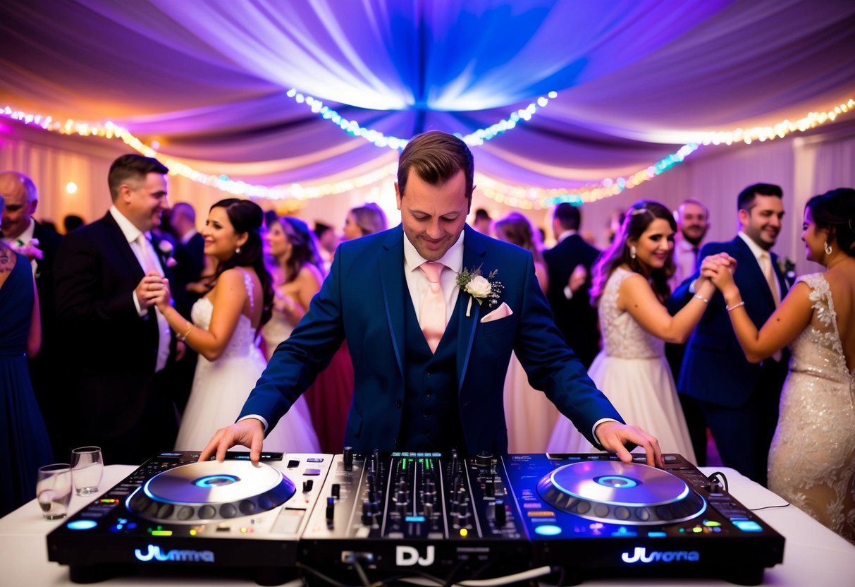 A DJ at a wedding, surrounded by dancing guests, with colorful lights and a festive atmosphere