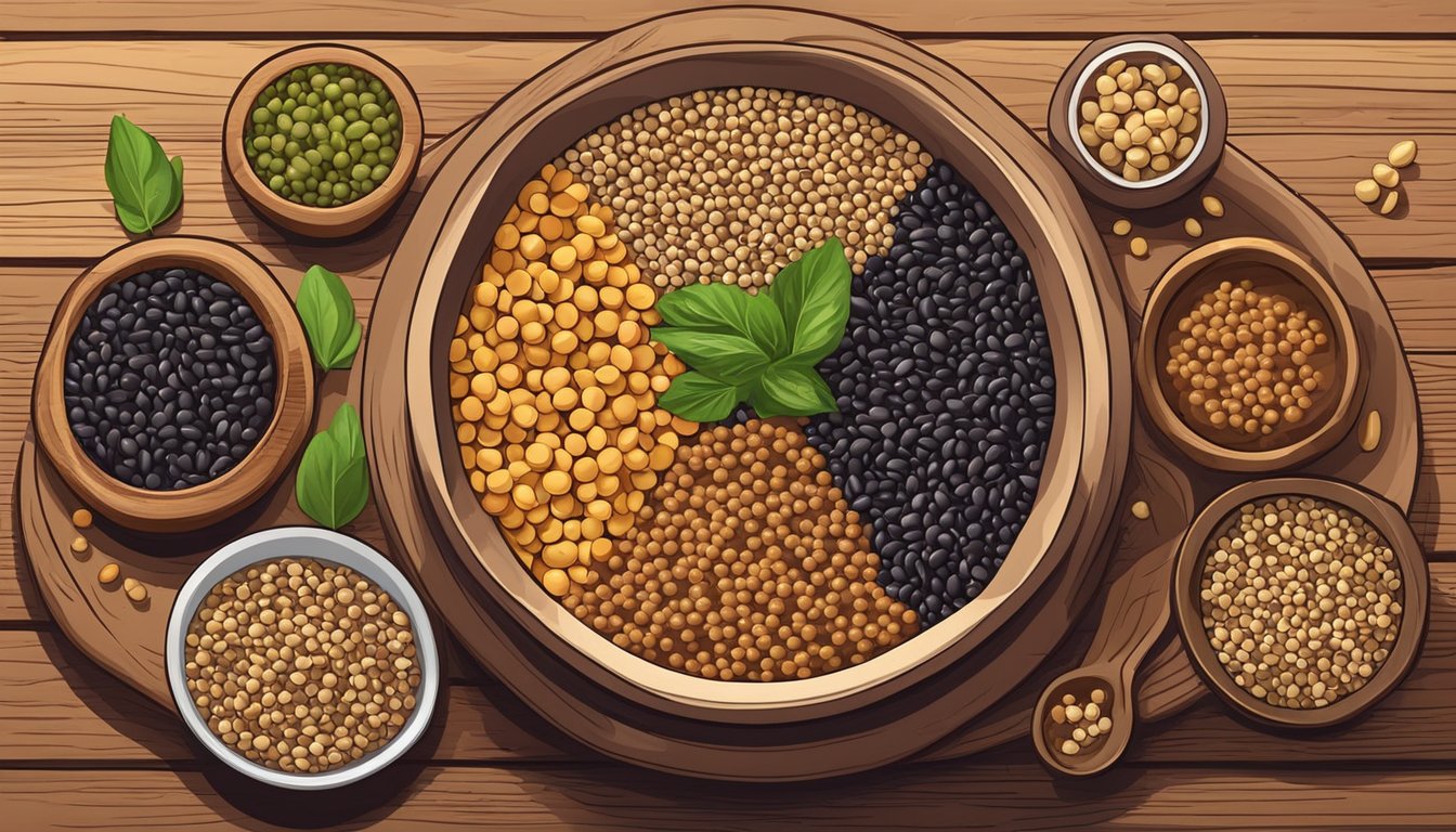 A bowl of horse gram surrounded by various alternative ingredients like lentils, chickpeas, and black beans on a wooden table