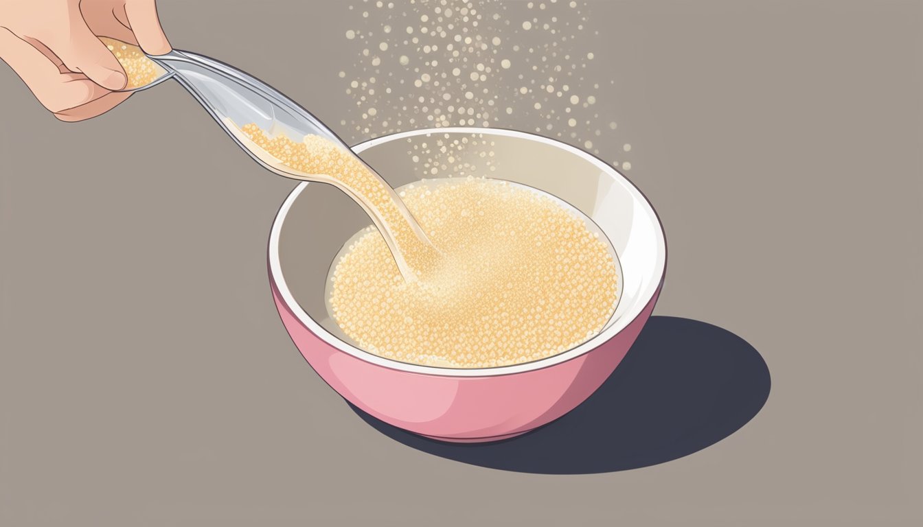 A packet of instant yeast pours into a bowl of warm water, followed by a sprinkle of sugar. The mixture begins to froth and bubble, indicating activation