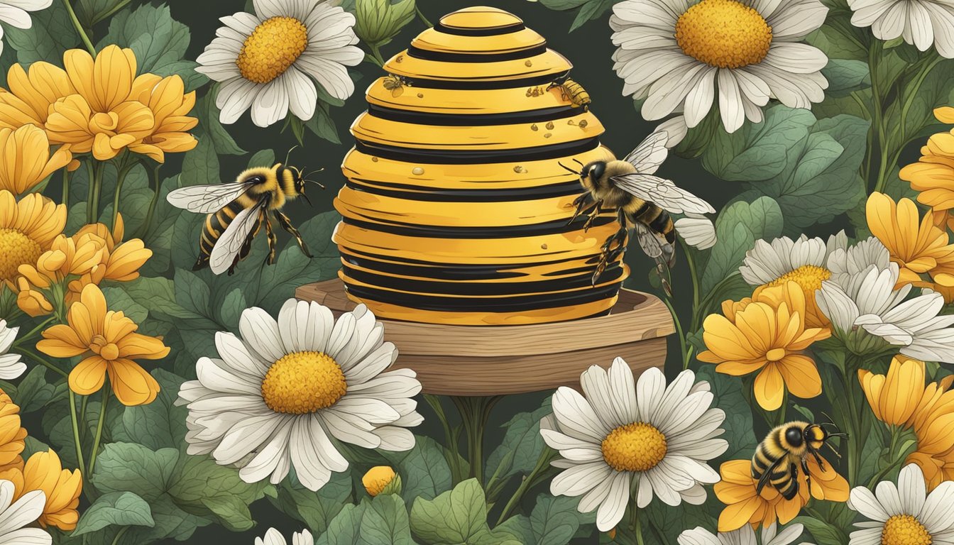 A beehive surrounded by blooming flowers, with bees collecting nectar and producing honey