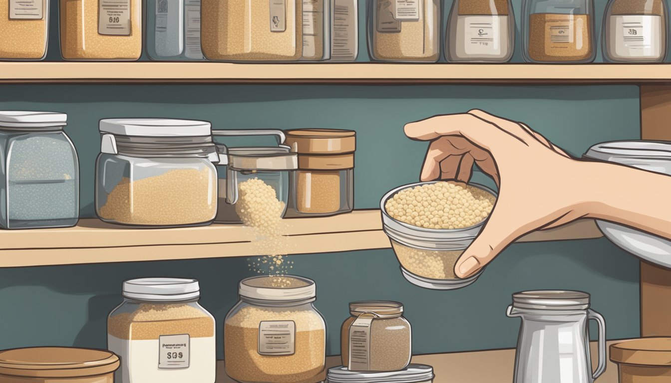 A hand reaching for a jar of active dry yeast on a shelf, while a packet of instant yeast sits nearby. A measuring spoon and mixing bowl are on the counter