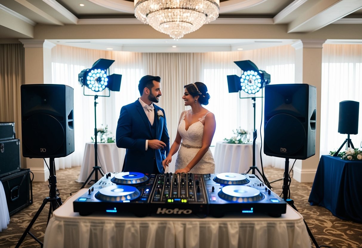 A wedding venue with a DJ booth set up, surrounded by sound equipment and lighting rigs. A couple discusses logistics with the DJ