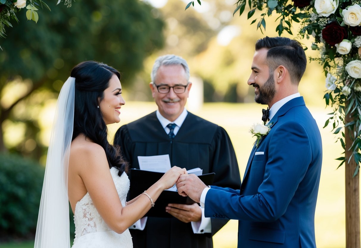 A celebrant stands before a couple, officiating their wedding ceremony. The couple exchanges vows, while the celebrant oversees the proceedings