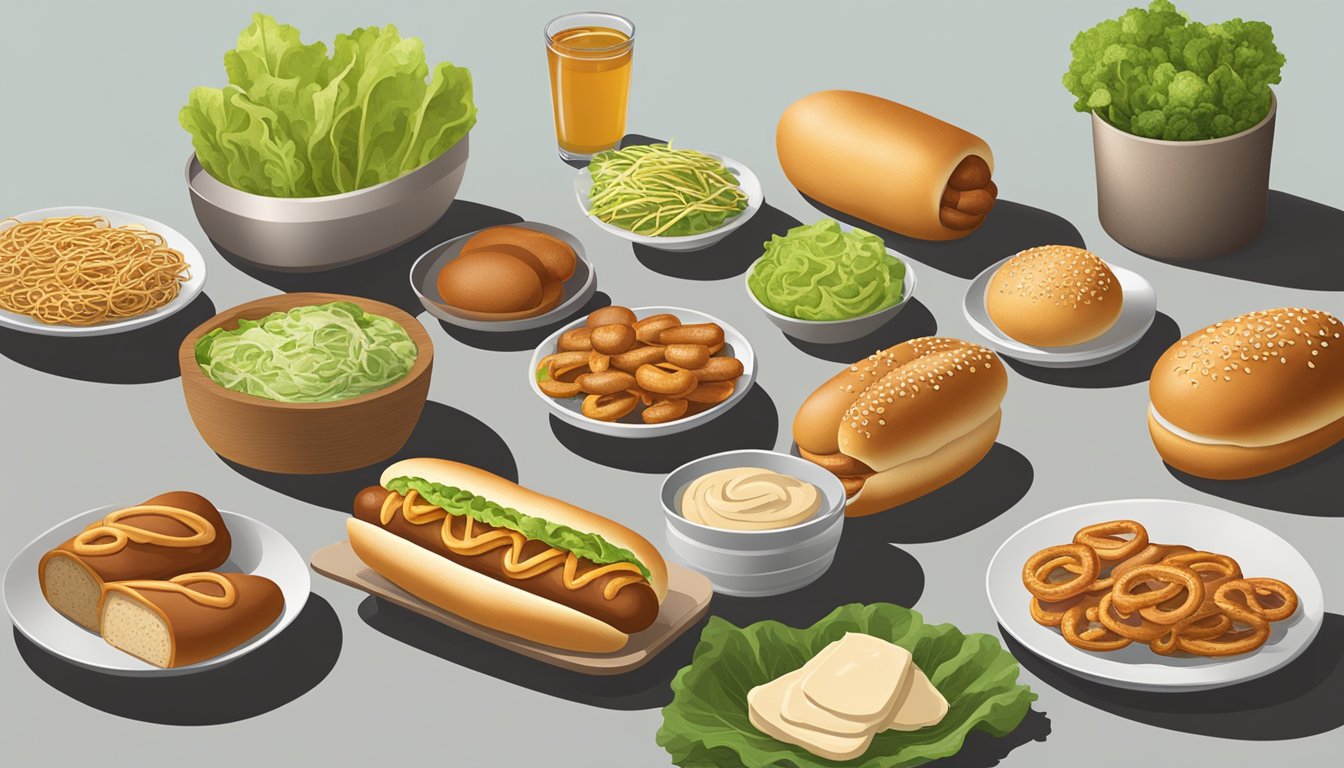 A table with various hot dog bun substitutes: lettuce wraps, pretzel buns, gluten-free options, and whole wheat buns