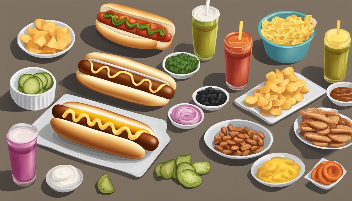 A variety of hot dog toppings and bun substitutes arranged on a table