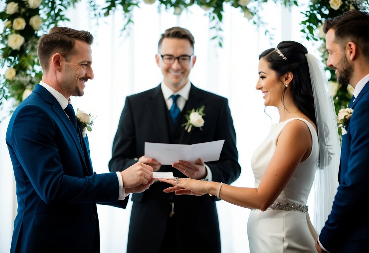 A celebrant stands in front of a couple, holding a marriage certificate. The couple exchanges vows and rings, while the celebrant officiates the ceremony