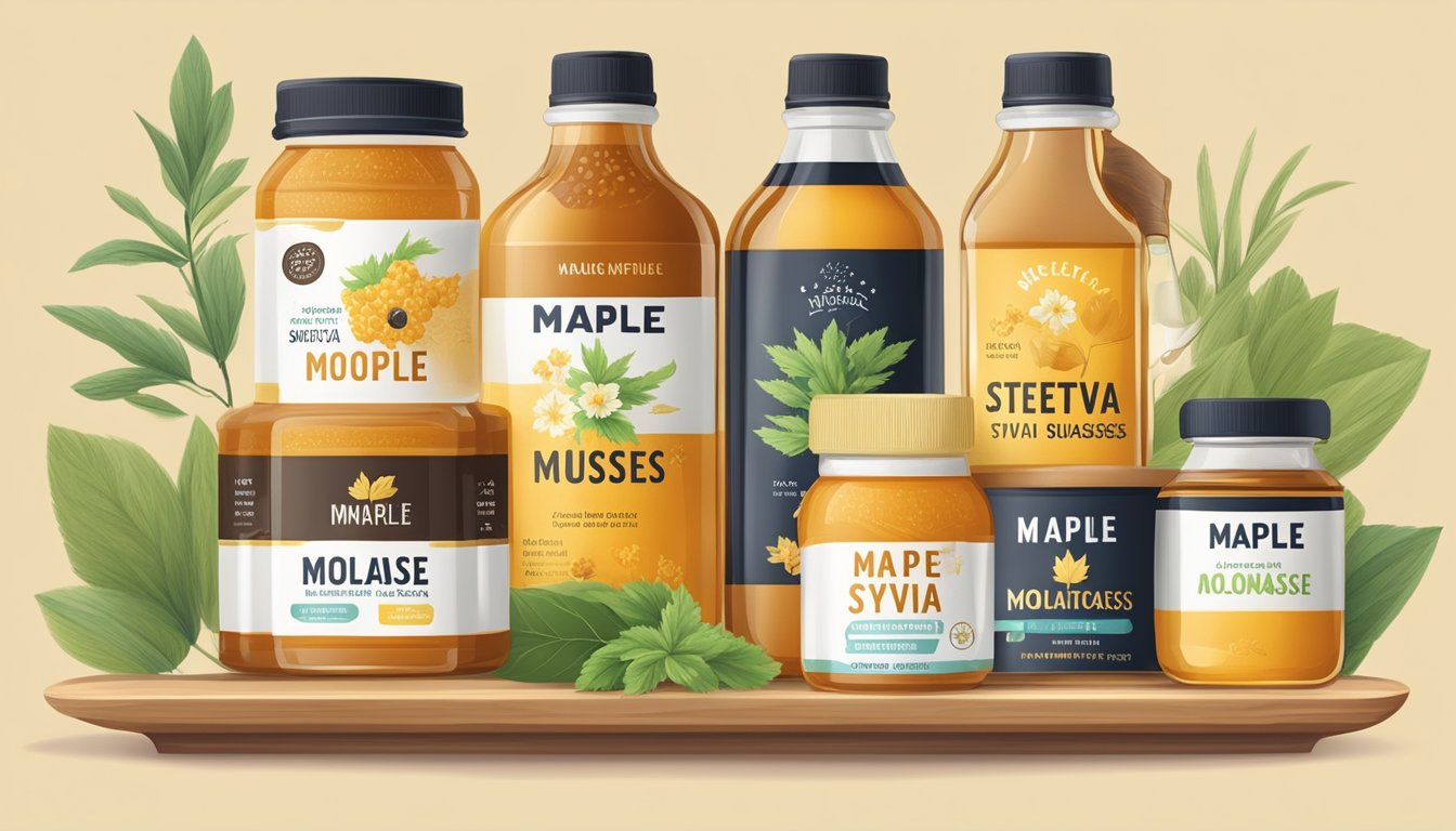 A table with various honey substitutes: maple syrup, agave nectar, stevia, and molasses. Nutritional labels and health impact information displayed next to each