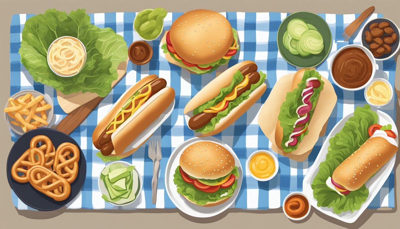 A picnic blanket spread with various hot dog bun alternatives, such as lettuce wraps, pretzel buns, and gluten-free options