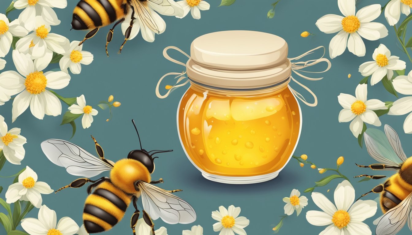 A jar of honey substitute surrounded by bees and blooming flowers