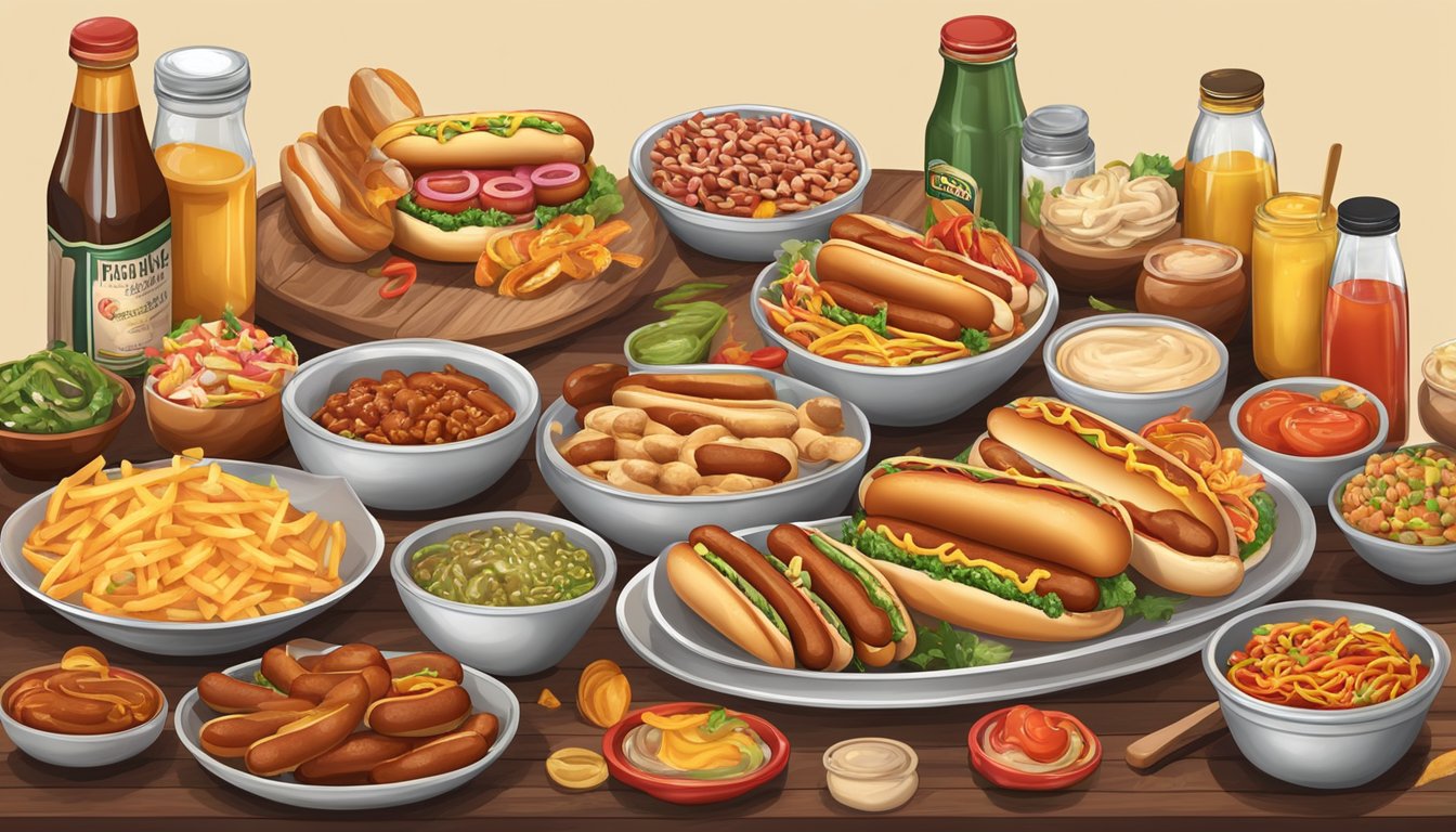 A table displays hot dogs in various cultural styles with different types of buns, surrounded by condiments and toppings