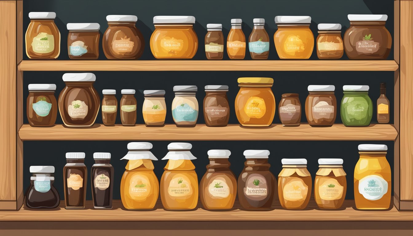 Various honey substitutes stored on wooden shelves in a pantry. Jars of agave nectar, maple syrup, and molasses are neatly arranged with labels facing forward