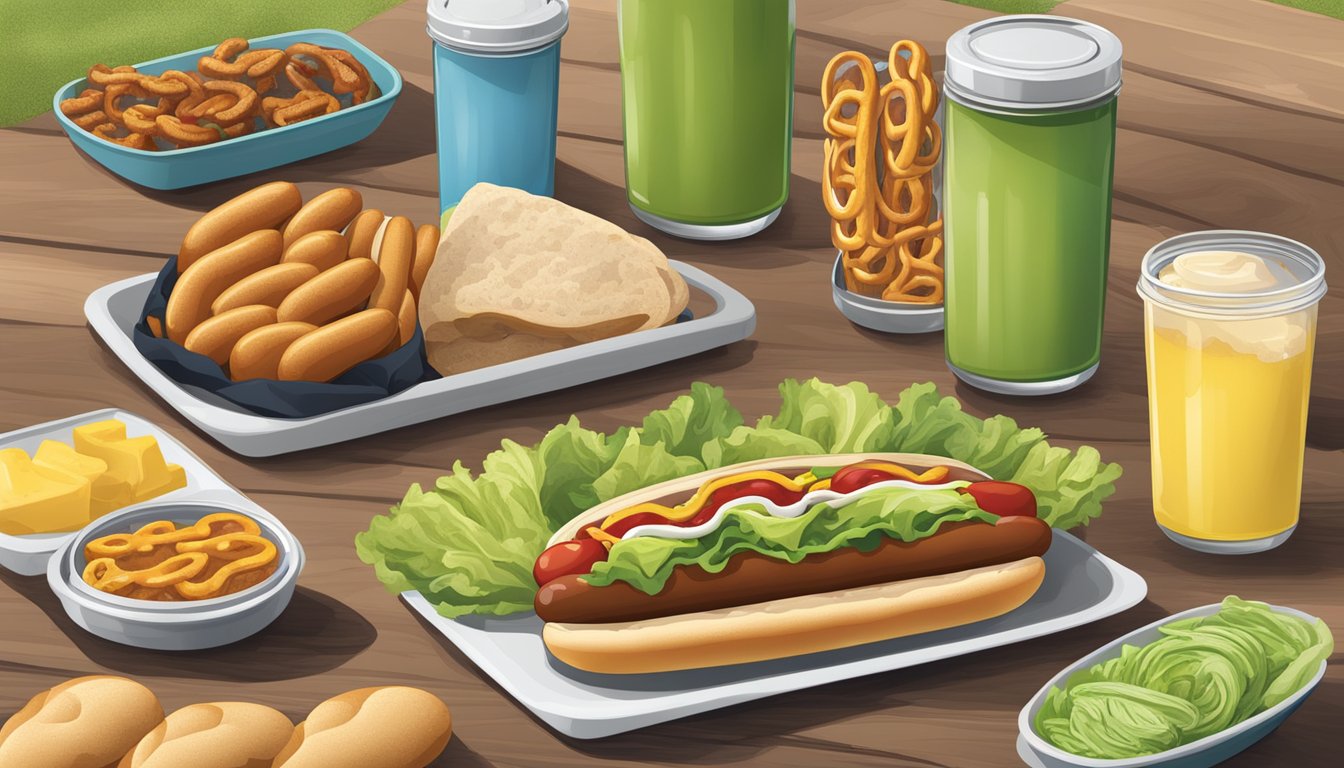 A picnic table with various hot dog bun substitutes such as lettuce wraps, pretzel buns, and gluten-free options displayed alongside condiments and toppings