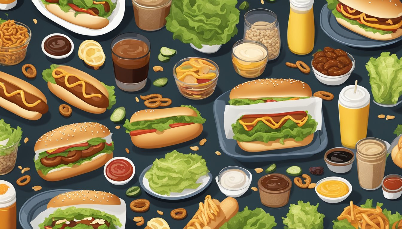 A table set with various hot dog bun substitutes, including lettuce wraps, pretzel buns, and gluten-free options, surrounded by condiments and toppings