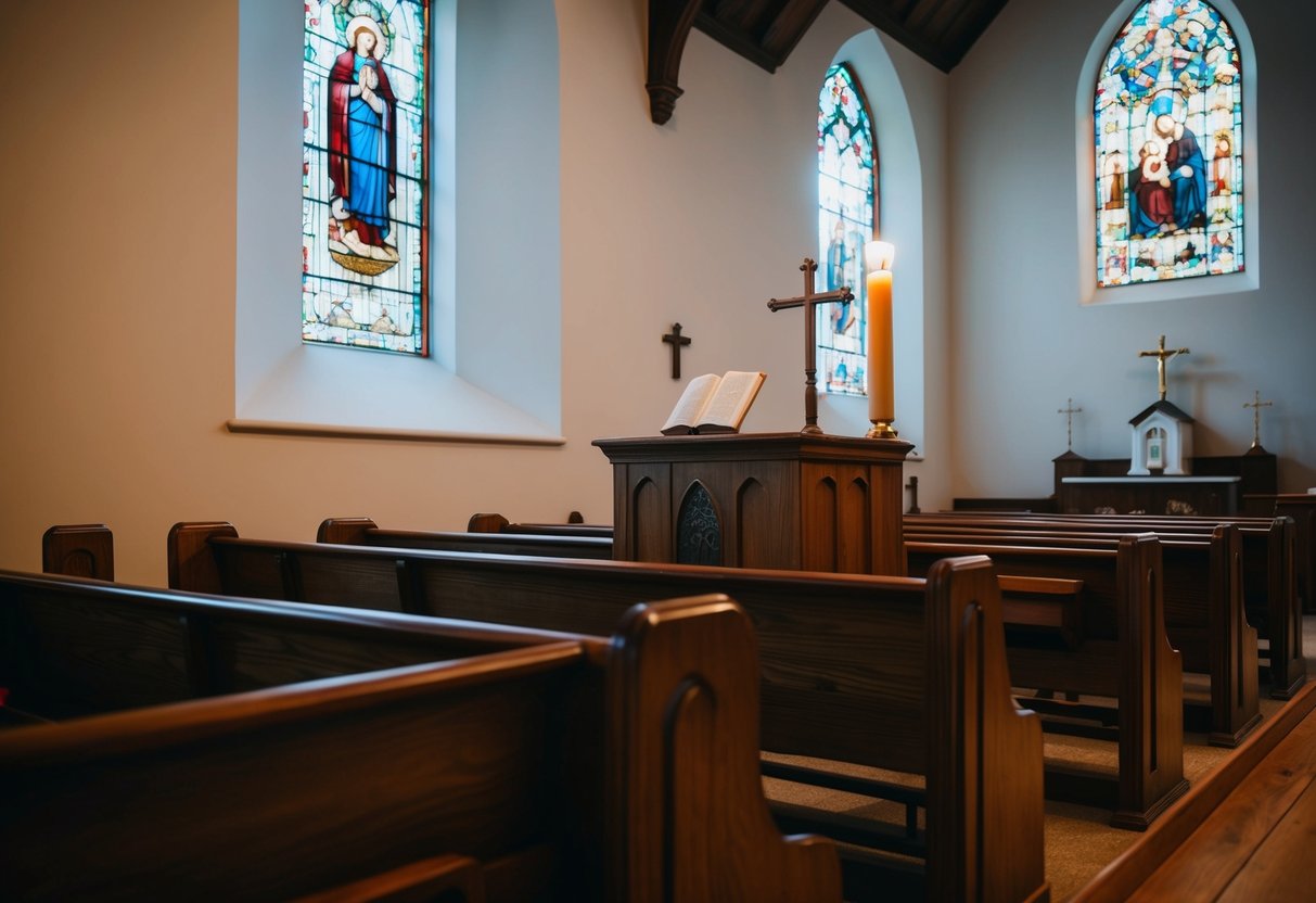 A traditional church with a pulpit and pews, a Bible on the lectern, and a stained glass window depicting religious imagery