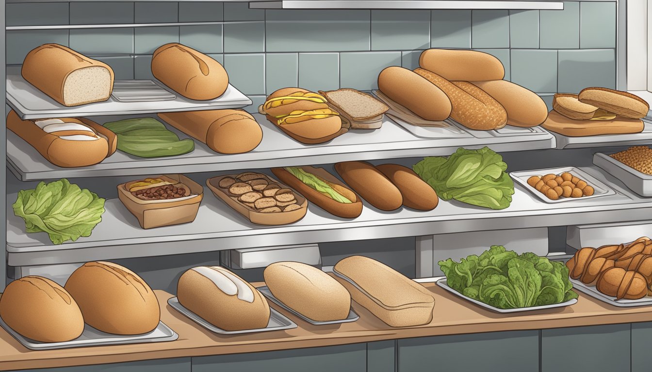 A kitchen counter with various alternative hot dog bun options, such as lettuce wraps, whole grain bread, and gluten-free buns, neatly organized and labeled