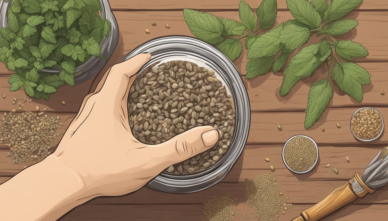 A hand reaching into a jar of horehound seeds, with various other seeds and herbs scattered around on a wooden table