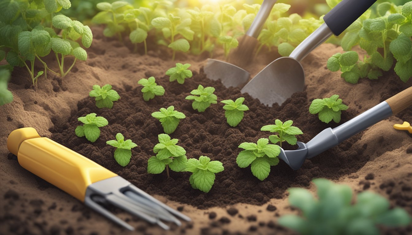 Horehound seeds being sown into rich soil, surrounded by gardening tools and sunlight