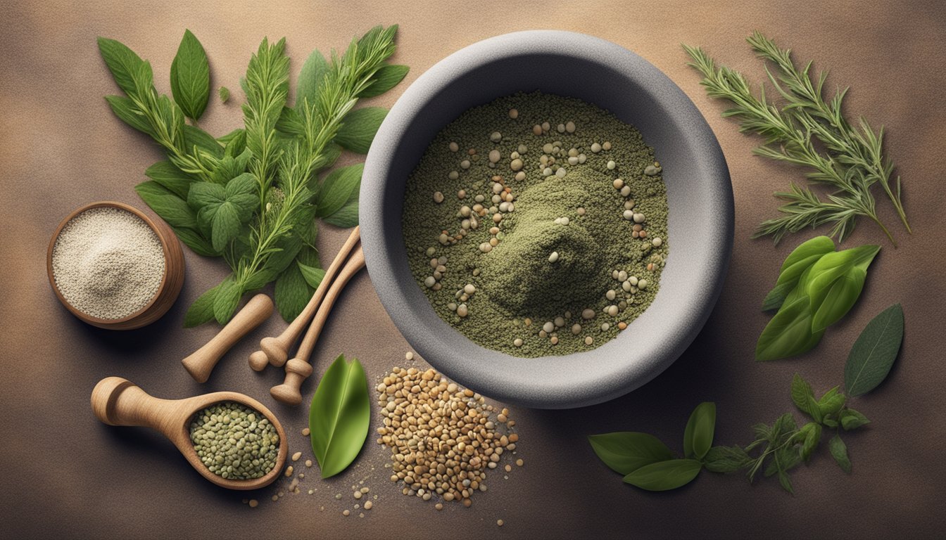 A mortar and pestle crushing dried herbs into a fine powder, with various alternative seeds and herbs scattered nearby