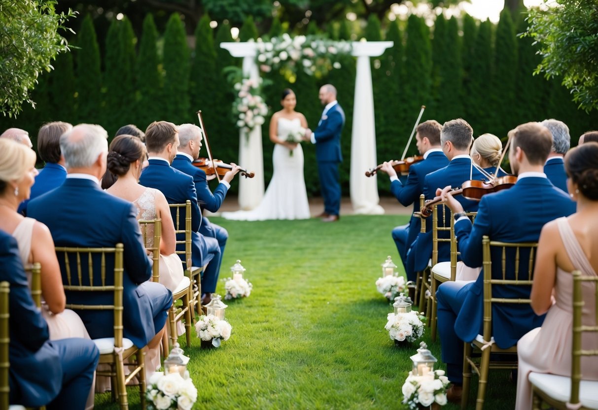 A serene garden ceremony with a string quartet playing soft music as guests take their seats