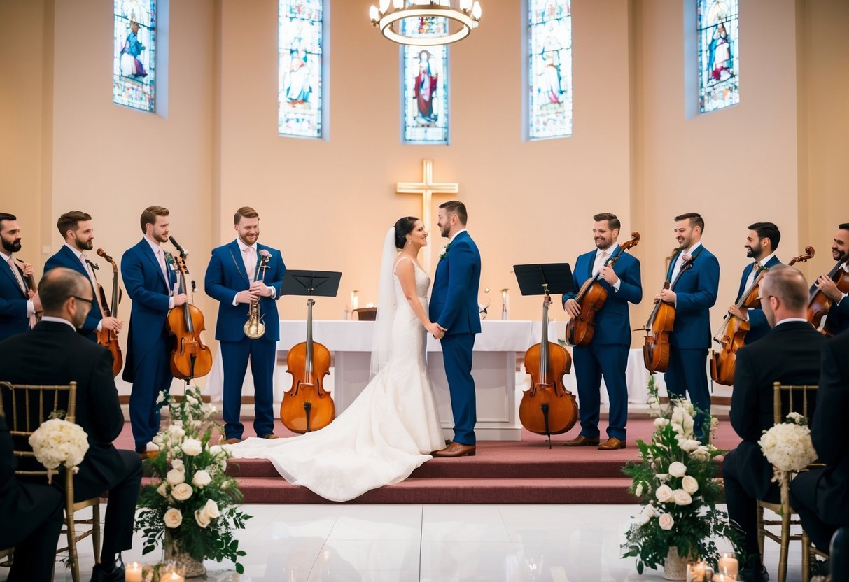 A couple stands at an altar, surrounded by a group of musicians holding their instruments, ready to perform during the wedding ceremony
