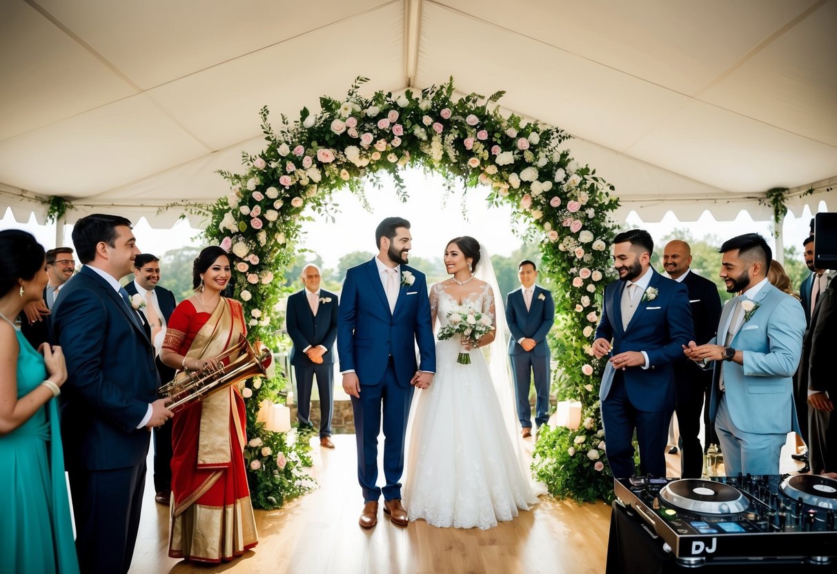 A bride and groom stand beneath a floral arch, surrounded by guests. A musician plays a traditional instrument while a DJ mixes modern beats