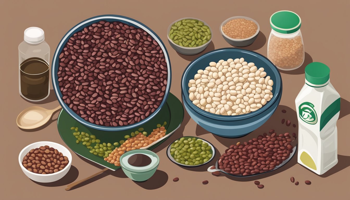 A bowl of adzuki beans and red beans side by side with a plate of various food items, highlighting the versatility of adzuki beans as a substitute