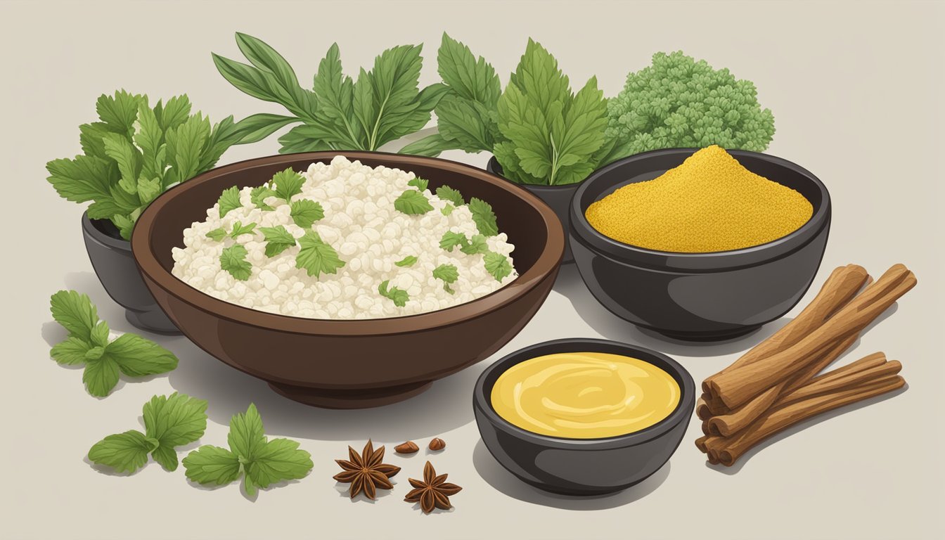 A table set with various ingredients and spices, including mustard, wasabi, and ginger, with a bowl of horseradish in the center