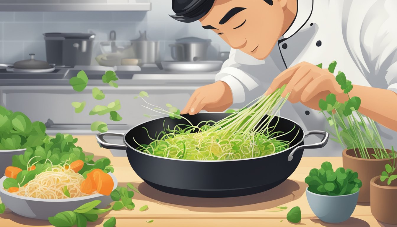 A chef swapping out bean sprouts for alfalfa sprouts in a stir-fry dish, carefully adding the vibrant green sprouts to the sizzling pan