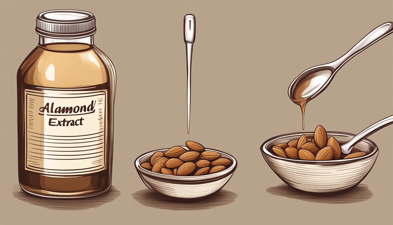 A bottle of almond extract next to a bottle of vanilla extract, with a measuring spoon pouring almond extract into a mixing bowl