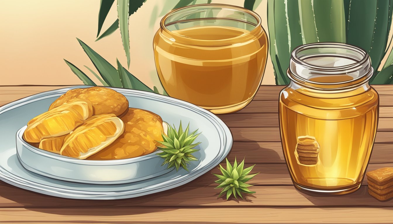 A jar of agave nectar next to a jar of honey, with various fruits and baked goods in the background