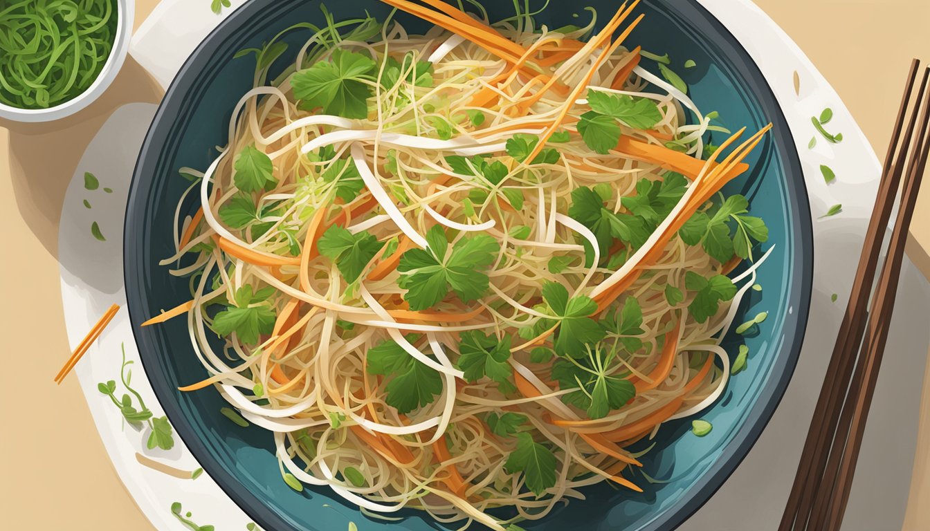 A bowl of stir-fry with fresh alfalfa sprouts replacing bean sprouts