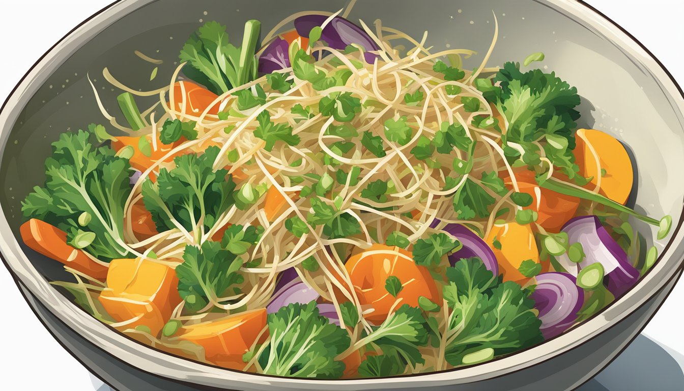 A bowl of mixed vegetables with alfalfa sprouts replacing bean sprouts in a stir-fry dish