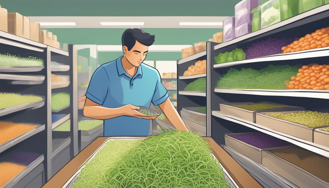 A person at a grocery store comparing alfalfa sprouts and bean sprouts, with storage containers in the background