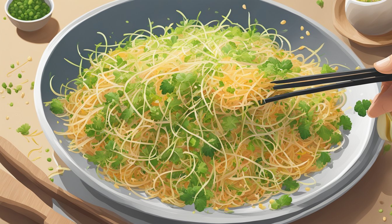 Alfalfa sprouts being sprinkled over a stir-fry, replacing bean sprouts