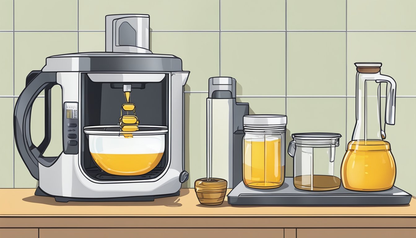 A measuring cup pouring agave nectar into a mixing bowl, with a honey jar nearby. A digital oven display shows temperature adjustment