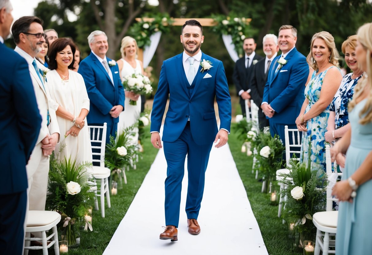 A groom walks down the aisle to a joyful, upbeat entrance song, surrounded by family and friends