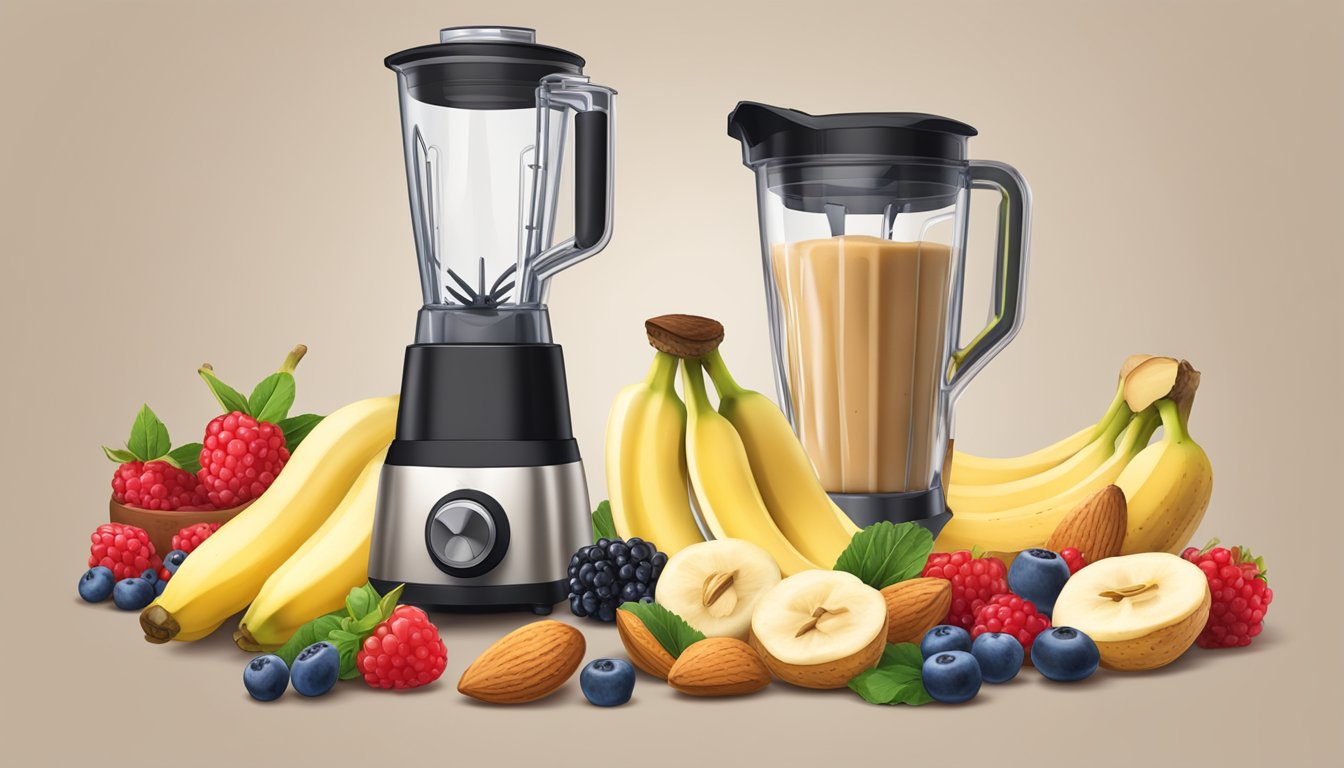 A blender with almond butter, bananas, and berries