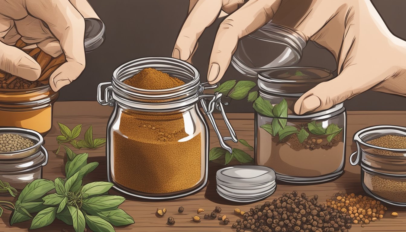 A hand reaching for a jar of allspice while another jar of mixed spice sits on a wooden table surrounded by various herbs and spices