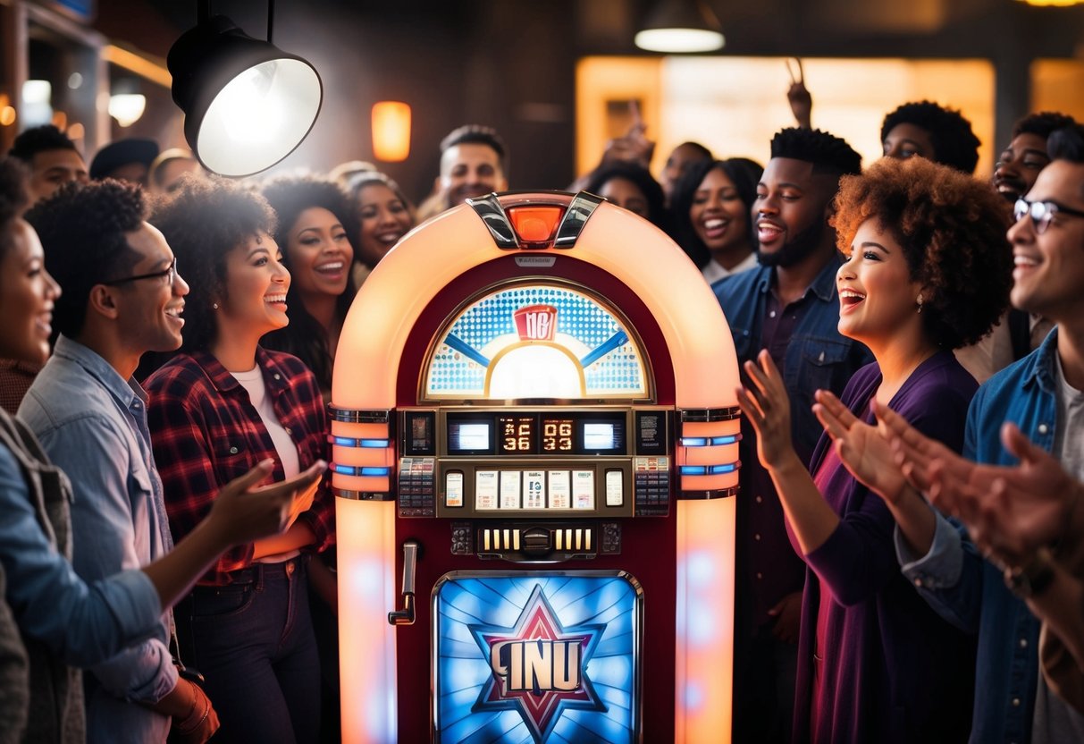 A jukebox glowing with a spotlight, surrounded by a crowd of diverse music lovers eagerly waiting to hear the number one most requested song