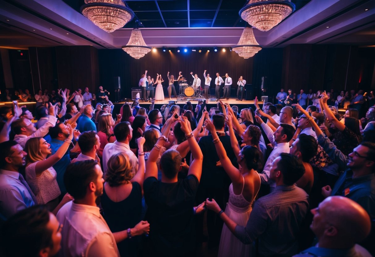 A crowded dance floor with people cheering and dancing to a live band performing the most requested song