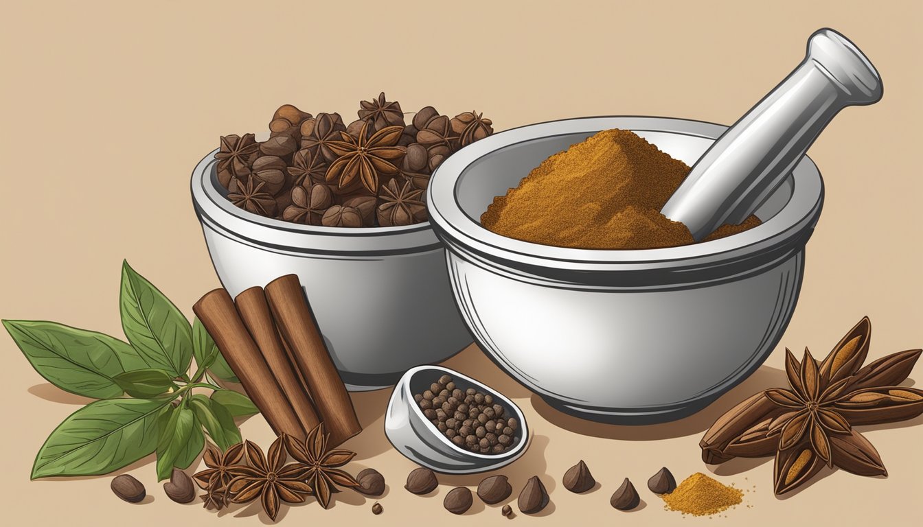 A mortar and pestle grinding allspice berries into a fine powder, with a bowl of various whole spices in the background