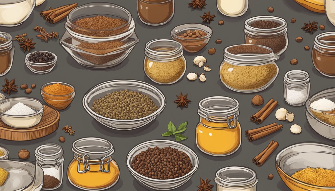 A kitchen counter with a variety of sweet ingredients and spices, including allspice and mixed spice, laid out in small bowls and jars