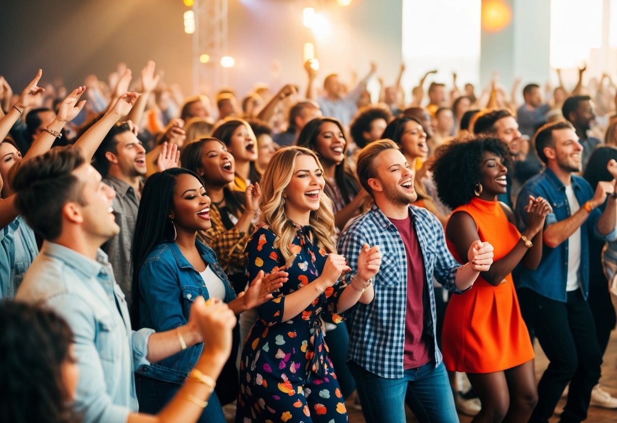 A crowd of diverse people dancing and singing along to a live band performing the number one chart-topping song