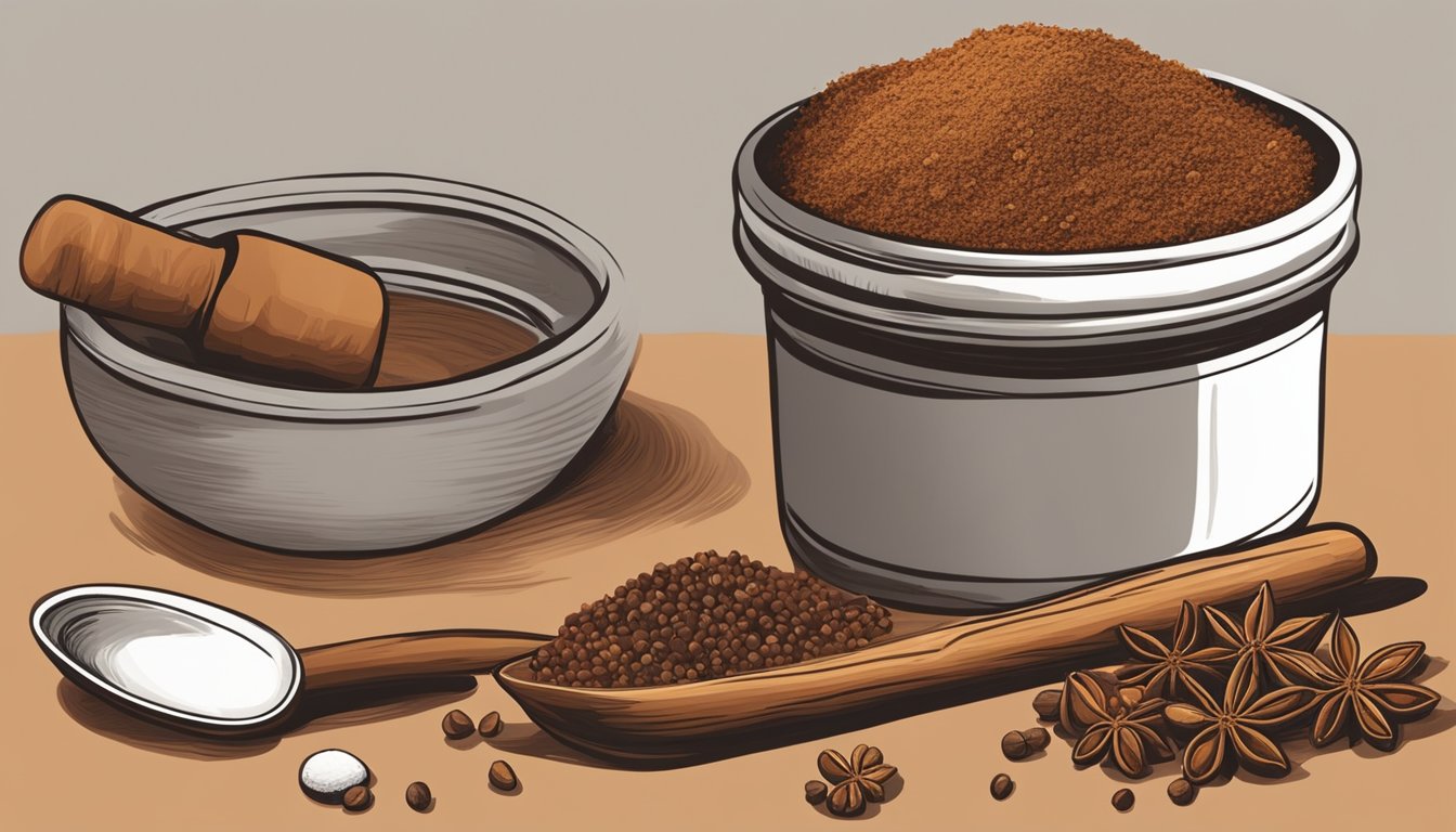 A wooden spoon scoops out a mixture of cinnamon, nutmeg, and cloves from a jar, next to a bowl of allspice