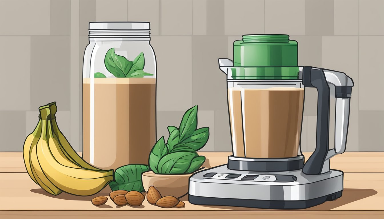 A jar of almond butter sitting next to a blender filled with bananas, spinach, and almond milk, with a spoonful of almond butter being added to the mix